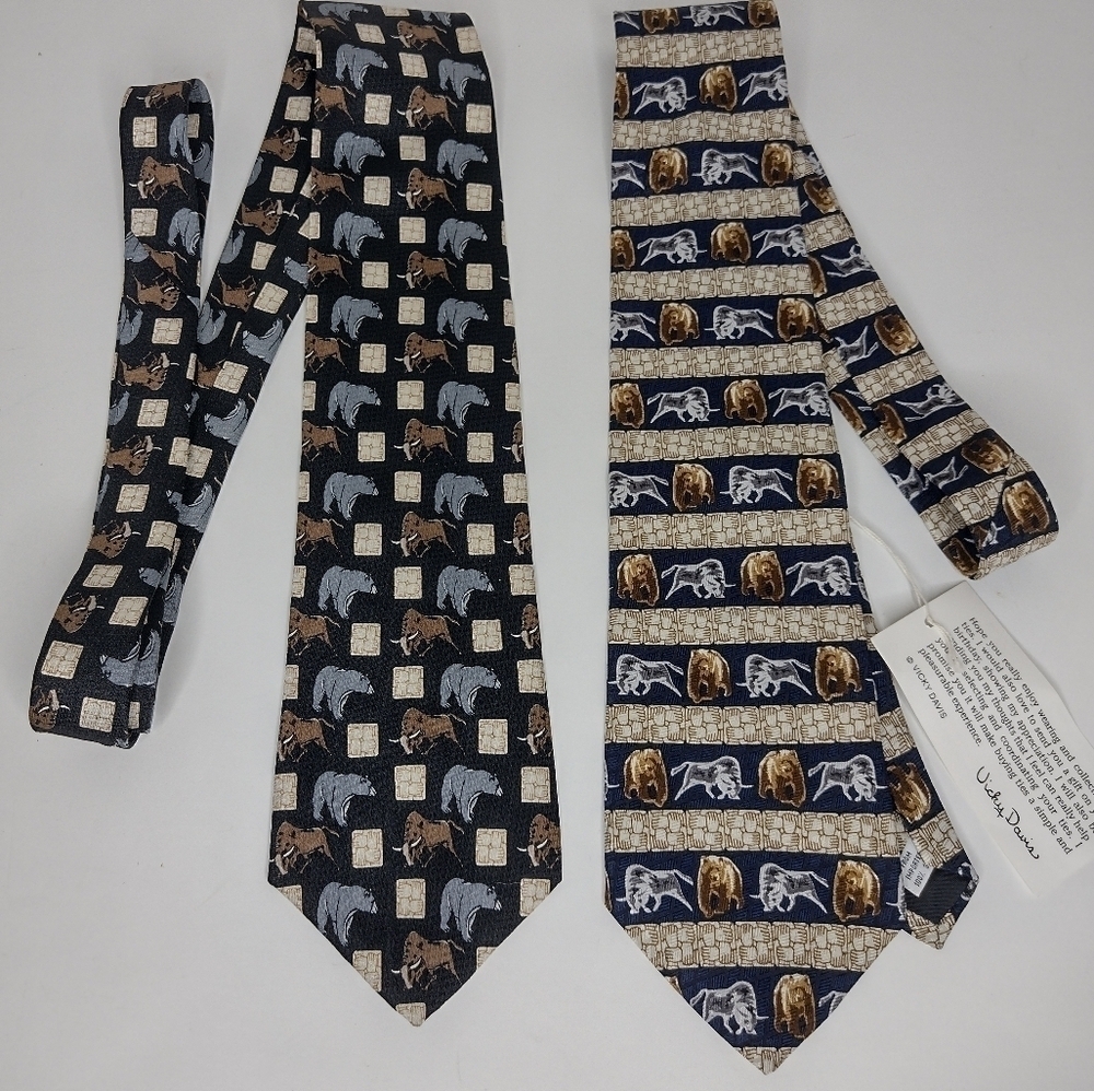 Vicki Davis Silk Neck Tie Pair Bull & Bear Oppenheimer Funds Stock Market